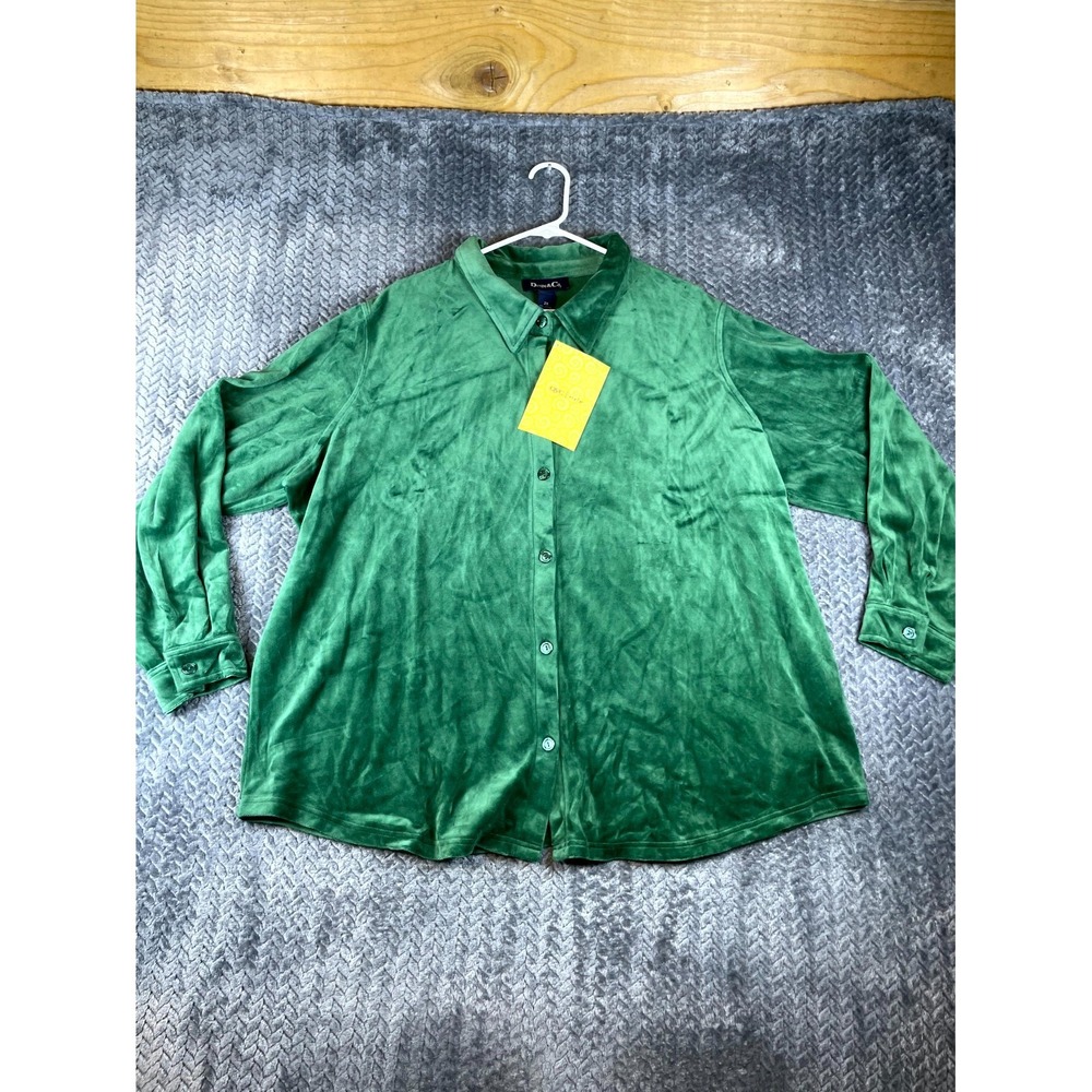 Denim & Co Velvet Shirt Womens 2X Green Cotton Casual Button Up Streetwear